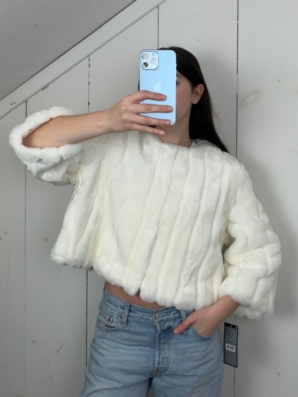 NWT Tahari Winter White Short Faux Fur Cropped Coat Womens XL Shrug Teddy Jacket